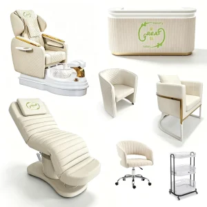 Beauty Salon Furniture Electric Facial Massage Bed, Pedicure Chair, Reception Counter, Waiting Sofa Chair Trolley Cart