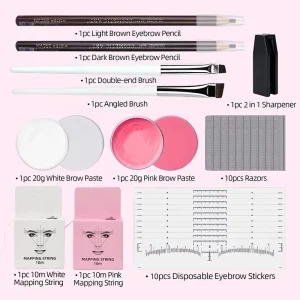 Beginner Master Eyebrow Kit Microblading with Stencils Ink Line Eyebrow Gel Blade Brush Ruler Tool for Training Academies
