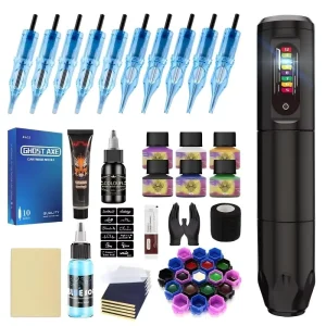Beginner Wireless Tattoo Pen Kit Complete Tattooing Set with 10 Tattoo Needles Practice Skin Transfer Sheets Tattoo Machine Set