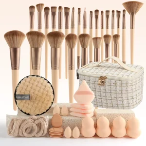 Beige 44 Piece Small Fragrant Wind Set Synthetic Fiber Makeup Brush Set Plastic Handle Super Soft Bristles Shaving Brush