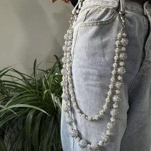 Big Size Disco Ball Beaded Layered Pendant Bag Jeans Pocket Belt Chains Hip Hop Rhinestone Beads Pants Chain for Men Woman