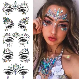 Big Size Face Mermaid Jewels Temporary Tattoos 3D Face Crystal Tattoo Sticker Glitter Rhinestone Temporary Tattoo Party Festival