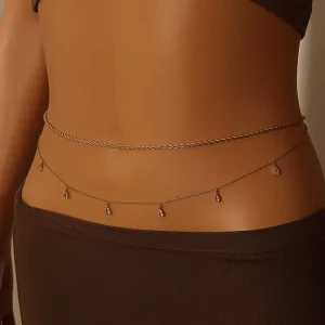 Bikini Waist Chain Jewelry for Women Twist Rope Zircon Water Drop Dangle Belly Chain Double Layered 18k Gold Plated Waist Chain
