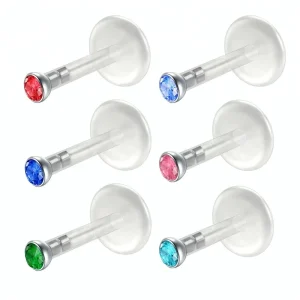 BioPlastic Jeweled Disc Push in Threadless BioPlast Labret Lip Piercing Jewelry