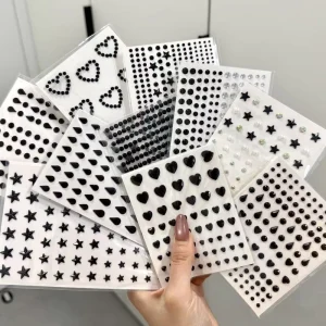 Black Acrylic Rhinestone Tattoo Sticker Eye Makeup Accessory Star Cutout Heart Design Scattered Tiny Crystals Stage Ready Face