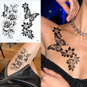 Black Butterfly Flower Tattoo Stickers Waterproof Long-Lasting Realistic Body Art