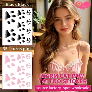 Black Cat Paw Heat Sensitive Temporary Tattoo Sticker Color Changing Pink Body Art Tattoo Stickers