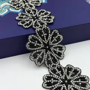 Black Color Embroidery Flower Lace Rhinestones Trim Irregular Crystal Ribbon for Garment Shoes Decoration