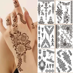 Black Henna Indian Eco Friendly Temporary Tattoos Adults Waterproof Lace Mandala Flower Arm Tattoos Stickers Wedding Party