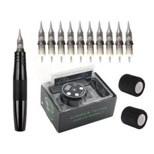 Black Permanent Makeup Tattoo Machine Pen Kit With LED Display Power Supply Tattoo Cartridge Needles Set