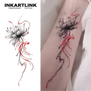 Black Red Lotus Temporary Tattoo Sticker Sketch Ink Flower Body Art for Women Waterproof Fake Tattoo Bulk Purchase