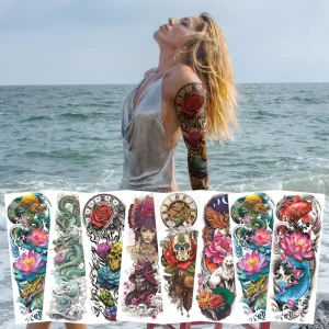 Black White Buddha Temporary Tattoo Full Arm Waterproof Sweat-Simulation Series Customizable Tattoo Stickers