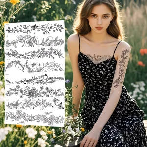 Black White Wild Flower Tattoo Sticker Waterproof Water Transfer Design for Arm Collarbone Chest