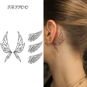 Black Wings Feather Behind Ear Body Art Waterproof Long Lasting 2 Weeks Herbal Juice Ink Semi Permanent Tattoo Sticker