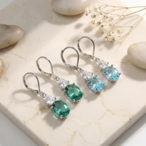 Blue And Green Gem Dangle Earrings Silver Color Lightweight Multi Gemstone Lever Back Earrings