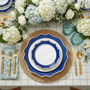 Blue Ceramic Dinner Plates with Scalloped Gold Rim Wedding Tableware Bridal Banquet Event Table Decoration