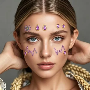 Blue Purple Ombre Flower Face Jewel Stick Sparkly Stage Party Facial Crystal Decorations