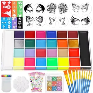 Body Face Paint Set 26 Colors Oil Face Body Paint Palette with 41 Stencil Stickers 10 Brushes Face Paint for Kids Party