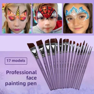Body Face Painting Brush 17 Size Round Flat Tip Purple Synthetic Nylon Artist Brush Kit for Art Graffiti