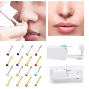 Body Jewelry Kit Disposable Sterile Gem Nose and Ear Piercing Gun with Stainless Steel Nose Rings