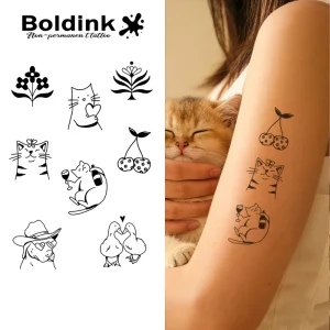 Boldink Custom Realistic Love Cat Cherry Body Art Waterproof Long Lasting 2 Weeks Semi Permanent Tattoo Sticker Jagua Ink