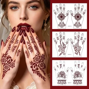 Brown Mehndi Henna Temporary Tattoo Sticker Mandala Flower Lace Design Sweatproof Realistic Body Art Hand Finger Tattoo Sets