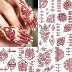 Brown Red Temporary Tattoo Stencil Hand Henna DIY Body Sticker Template Wedding Professional India Fashion Decal Flower Stencil