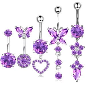 Butterfly Heart Pendant Navel Ring Stainless Steel with Claw set Zirconia Fashion Body Piercing Jewelry for Women