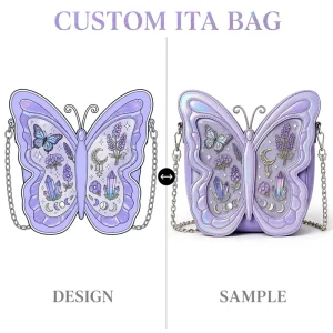 Butterfly Wings Ita Bag Lavender Pearlescent PU Leather Four Wing Quilted Moon Phase Crystal Detail Chain Strap Daypack