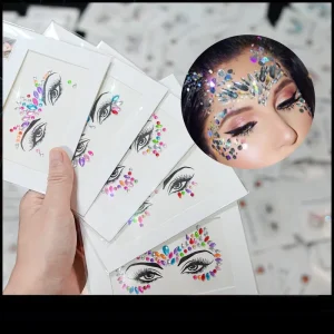 CH071 3D Face Temporary Tattoo Stickers Glitter Fake Rhinestones for Women’s Party Face Jewels