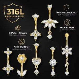 CRYSPURE 316L Surgical Stainless Steel Flower Heart Cross CZ Zircon Dangle 14G Belly Button Ring Navel Piercing Body Jewelry