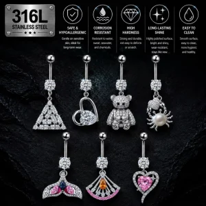 CRYSPURE Surgical Steel Belly Button Rings Fashion Dangle Navel Piercing For Women CZ Heart Bear Mermaid Tail Jewelry