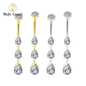 CZ Triple Waterdrop Pendant Belly Button Ring Titanium 14G Internal Thread Navel Curved Barbell Piercing Jewelry