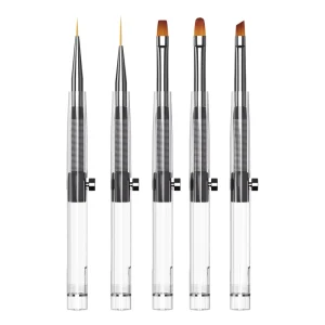 Capless Retractable Design Professional New Transparent Acrylic Handle 5Pcs Nail Art Brush Pen with UV Gel Painting Tips