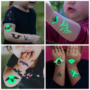 Children Cartoon Bat Luminous Green Black Water Transfer Tattoo Stickers Water Resistant Semi Handmade Day Dead Holiday Party
