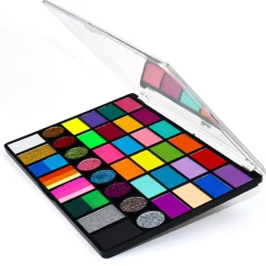 Children’s 40 Color Split Cake Rainbow Neon Pearlescent Mineral Face Body Paint Set Glitter Hypoallergenic One-Stroke