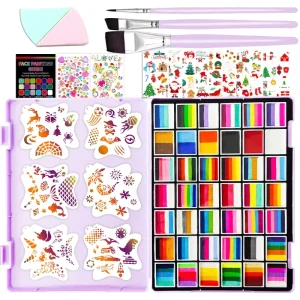 Children’s Body & Face Painting Supplies Kit 64-108 Pcs Stencils Stickers Brushes Split Cake Glitter Bulk Complete Kit
