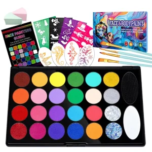 Children’s Bulk All In One Natural Plant Face Body Paint Kit 26 Colors (Matte Glitter) Stencils Brushes CE Certified