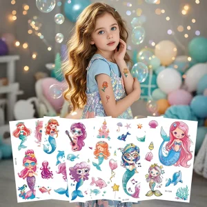 Children’s Cartoon Dream Party Princess & Mermaid Theme Temporary Tattoo Sticker Set Waterproof Body Art for Kids