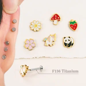 Children’s Fashion Piercing Enamel Daisy Unicorn Cute Jewelry Hypoallergenic Titanium Pushing Pin For Girls Gift