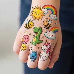 Children’s Waterproof Sweat Party Tattoo Sticker Cartoon Character PVC with UV Printing and UV Varnishing Temporary Design