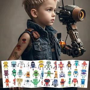 Children’s Waterproof Sweat-Proof Cartoon Robot Tattoo Stickers, Eco-Friendly Facial Tattoos for Kids