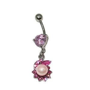 Classic Children’s Wedding Gold Plated Stainless Steel Belly Navel Piercing Jewelry with Zircon Pink Crystal Faux Pearl Dangle
