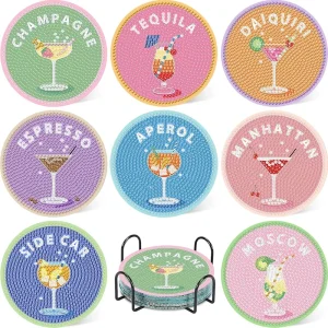 Cocktail Diamond Art Coasters Kit For Adults, Cocktail Diamond Painting Coasters With Holder, 5D Gem Art DIY Crafts Diamond Dots