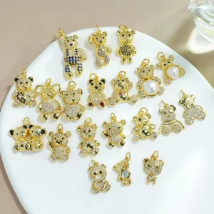 Colored Cubic Zirconia Teddy Bear Charms Micro Pave Cz Diamond Pearl Bear Pendants For Necklace Jewelry Making Animal Set