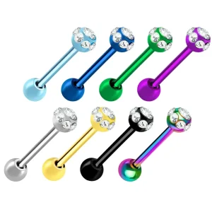 Colorful Crystal Stainless Steel Unisex Tongue Rings Piercing Body Barbell Bezel Setting 16mm