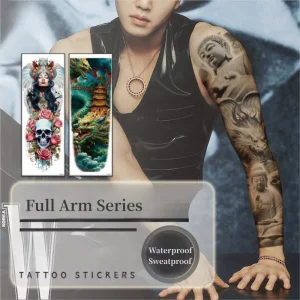 Colorful Long Sleeve Tattoo Sticker Body Art Waterproof Buddha Animal Skull Full Arm Temporary Tattoos