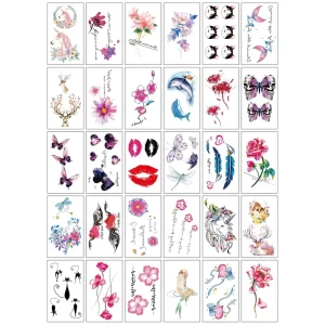 Colorful Temporary Tattoos Sticker Butterfly Flower Clock Compass Red Lip Print Waterproof Party Face Stickers & Paint