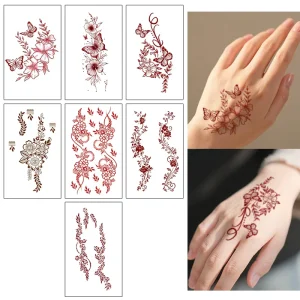Colorful Temporary Tattoos Sticker Mystical Elegant Henna Tattoo Red Flower Waterproof Tattoo for Face Arm Leg