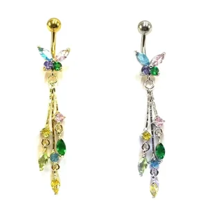 Colorful Zircons Butterfly Navel Rings Drop Long Tassel Surgical Steel Belly Piercing Bar Women Body Jewelry
